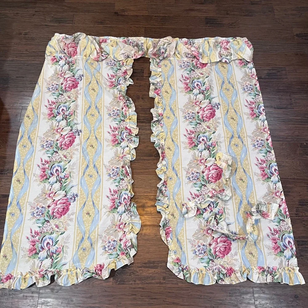 Croscill Princess Shower Curtain Vtg Yellow Pink Floral Ruffle With Tie Backs